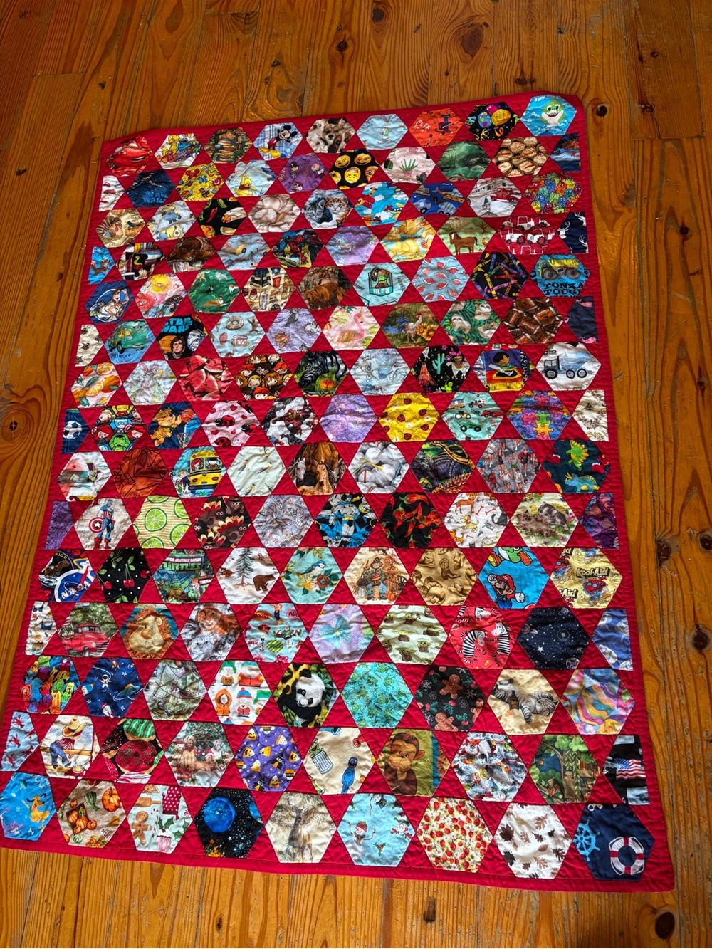 Handmade Red Hexagon Patchwork Quilt - Vibrant Multicolor Home Art